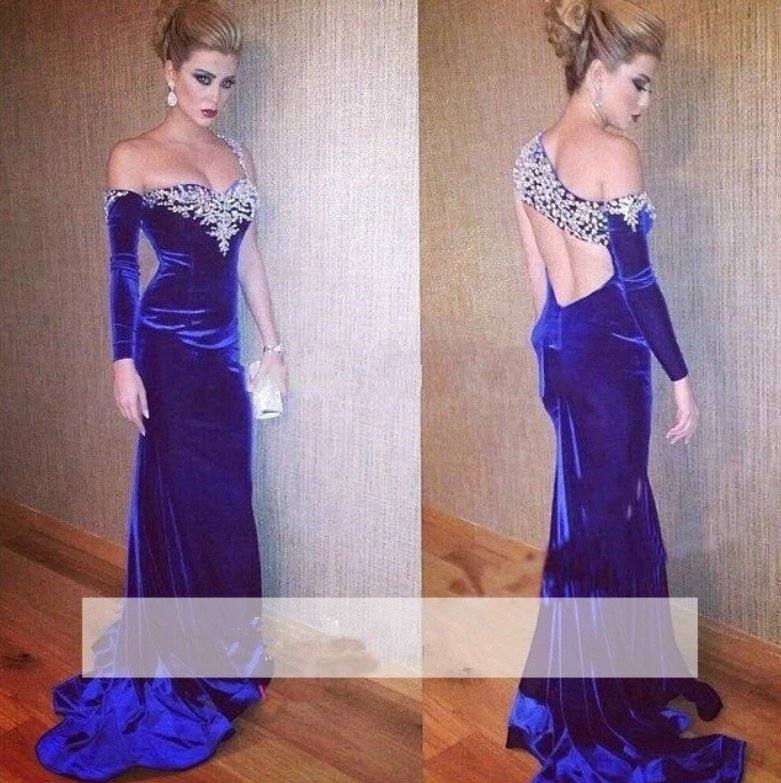 Blue Prom Dresses Mermaid One-shoulder Crystals Velvet Slit Long Prom Gown Evening Dresses Evening Gown Robe De Soiree - RongMoon