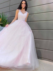 A-Line/Princess V-neck Sleeveless Applique Tulle Floor-Length Dresses - RongMoon
