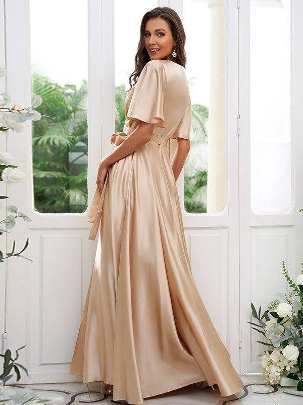 A-Line/Princess Silk like Satin Sash/Ribbon/Belt V-neck Short Sleeves Floor-Length Bridesmaid Dresses - RongMoon