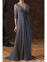 A-Line Mother of the Bride Dress Elegant V Neck Sweep / Brush Train Chiffon Lace Half Sleeve with Pleats Draping - RongMoon
