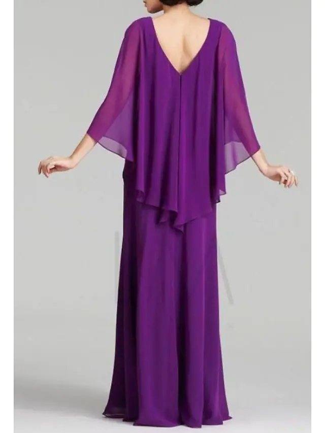 A-Line Mother of the Bride Dress Sweet V Neck Floor Length Chiffon Satin 3/4 Length Sleeve with Sequin - RongMoon