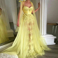 Yellow Muslim Evening Dresses A-line Sweetheart Tulle Lace Long Islamic Dubai Saudi Arabic Long Formal Evening Gown - RongMoon