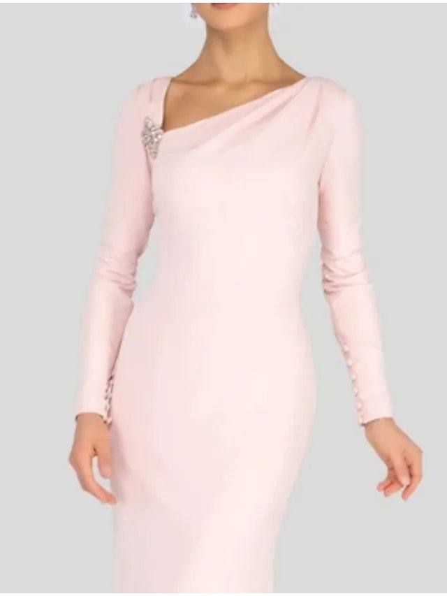 Sheath / Column Mother of the Bride Dress Elegant V Neck Floor Length Polyester Long Sleeve with Beading Ruching - RongMoon