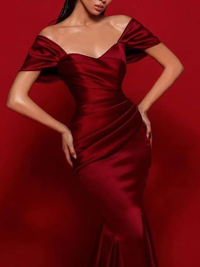 Mermaid / Trumpet Elegant Vintage Engagement Formal Evening Valentine's Day Dress Scoop Neck Short Sleeve Sweep / Brush Train Imitation Silk with Sleek - RongMoon