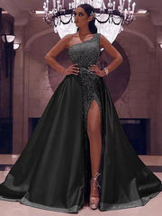 Ball Gown Sparkle Prom Dress One Shoulder Sleeveless Floor Length Satin with Bow(s) Sequin Split - RongMoon