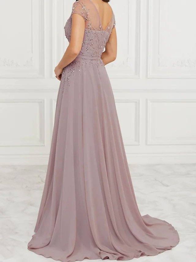 A-Line Mother of the Bride Dress Elegant V Neck Floor Length Chiffon Lace Sleeveless with Pleats Sequin - RongMoon