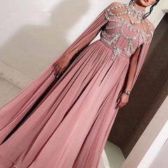 Pink Muslim Evening Dresses A-line High Collar Chiffon Crystals Long Islamic Dubai Saudi Arabic Long Formal Evening Gown - RongMoon