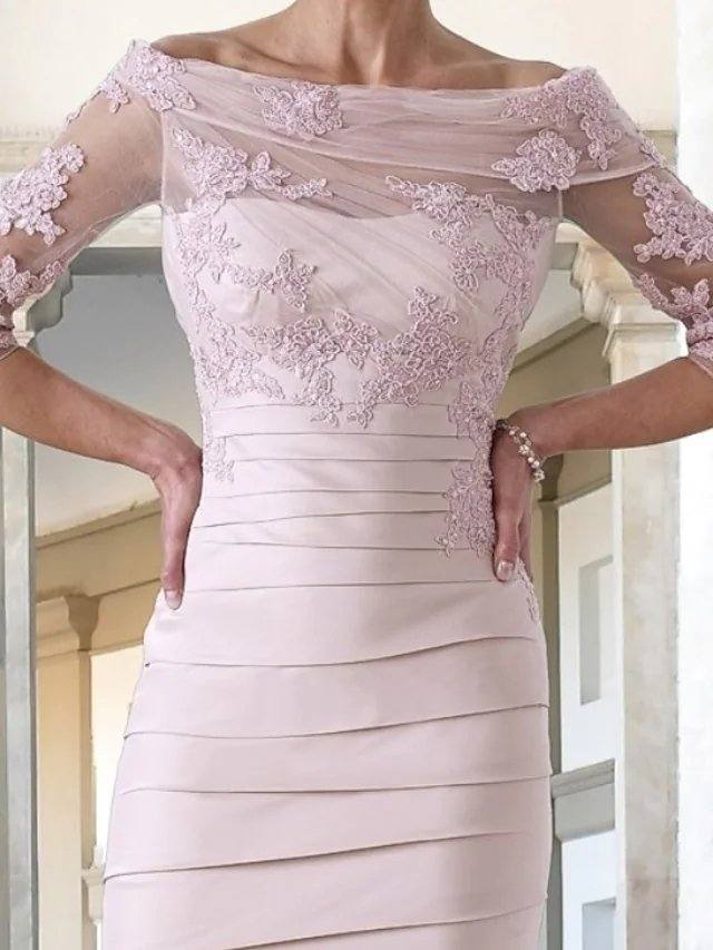 Sheath / Column Mother of the Bride Dress Elegant Jewel Neck Knee Length Taffeta Half Sleeve with Appliques Ruching - RongMoon