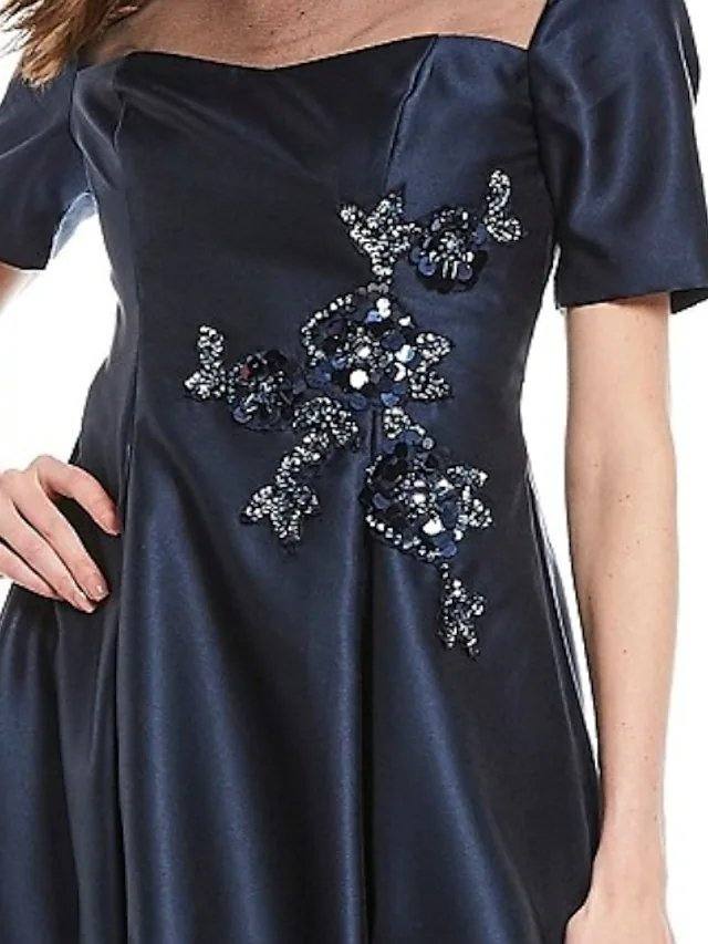 A-Line Mother of the Bride Dress Elegant Illusion Neck Asymmetrical Satin Short Sleeve with Beading Appliques - RongMoon