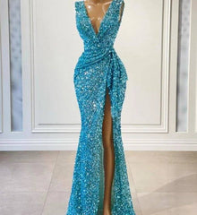 Blue Robe De Soiree Mermaid Deep V-neck Sequins Sparkle Slit Sexy Long Prom Dresses Prom Gown Evening Dresses - RongMoon