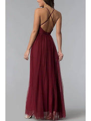 Sheath / Column Elegant Prom Dress Halter Neck Sleeveless Floor Length Tulle with Sash / Ribbon Pleats Split Front - RongMoon