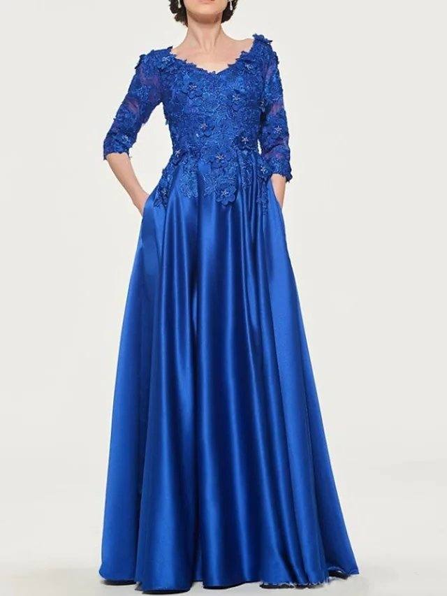 A-Line Mother of the Bride Dress Elegant V Neck Floor Length Lace Satin 3/4 Length Sleeve with Pleats Appliques - RongMoon