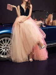 A-Line Minimalist Color Clash Quinceanera Prom Dress V Neck Sleeveless Floor Length Tulle Velvet with Sleek Pleats - RongMoon