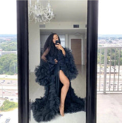 Fashion Ruffles Tulle Kimono Women Dress Robe Extra Puffy Prom Party Dresses Puffy Sleeves African Cape Cloak Pregnant Gowns - RongMoon