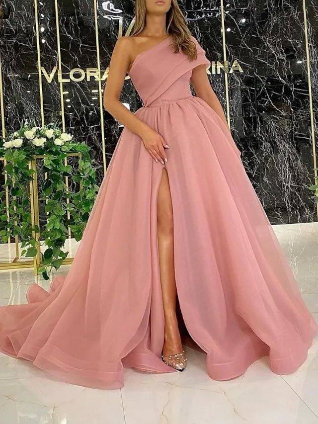 A-Line Luxurious Elegant Engagement Prom Dress One Shoulder Sleeveless Sweep / Brush Train Tulle with Split - RongMoon