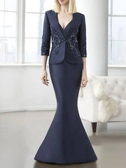 Mermaid / Trumpet Mother of the Bride Dress Elegant V Neck Floor Length Lace Satin Half Sleeve with Lace Crystals - RongMoon