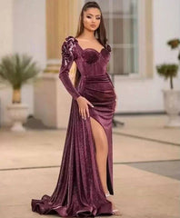 Slit Evening Dresses Mermaid Sweetheart Long Sleeves Velvet Long Turkey Dubai Saudi Arabic Evening Gown Prom Dresses - RongMoon
