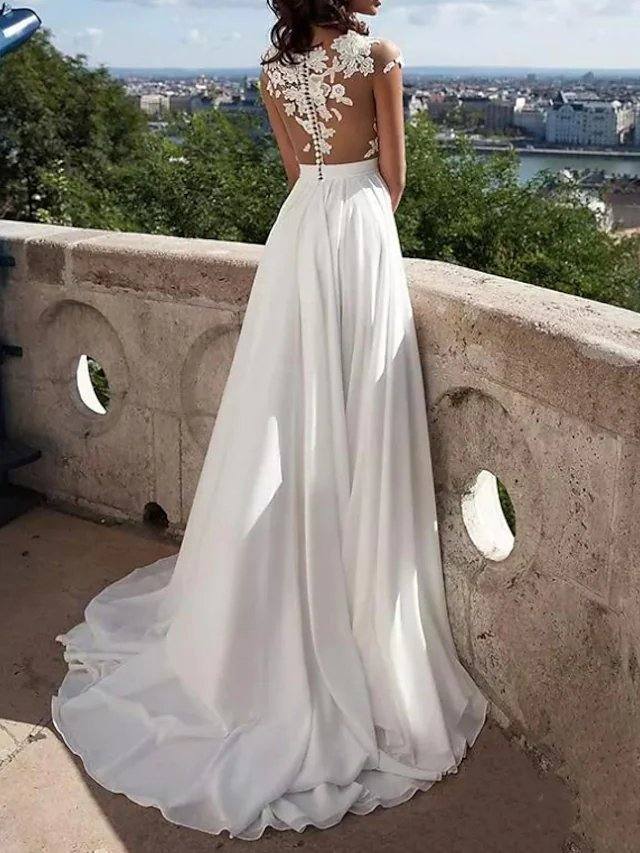 A-Line Wedding Dresses Jewel Neck Sweep / Brush Train Lace Stretch Satin Cap Sleeve Casual Beach Boho Plus Size with Draping Appliques - RongMoon