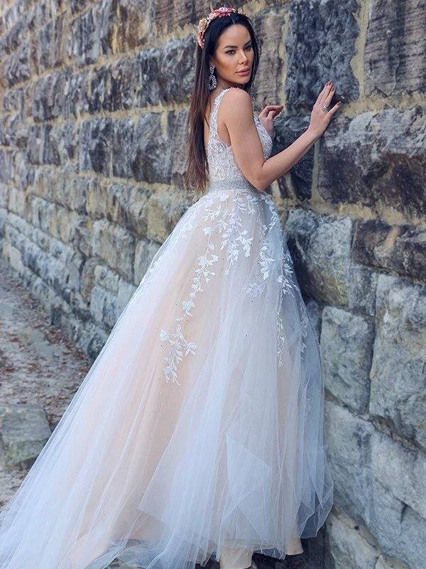 A-Line/Princess Applique Tulle Sleeveless V-neck Sweep/Brush Train Dresses - RongMoon