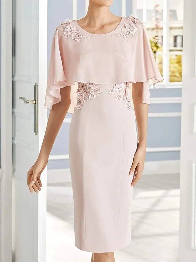 Sheath / Column Mother of the Bride Dress Elegant Jewel Neck Knee Length Chiffon Short Sleeve with Appliques Split Front - RongMoon