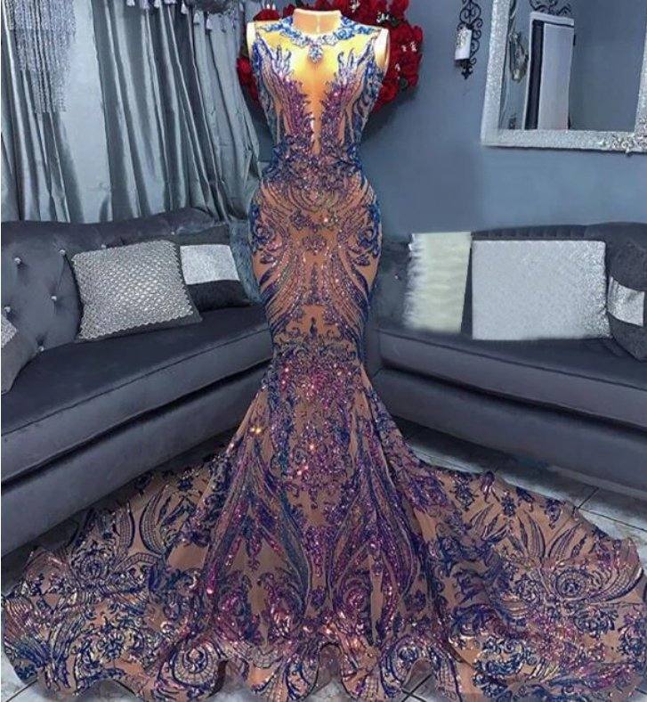 Blue Robe De Soiree Mermaid Scoop Appliques Sequins See Through Long Prom Dresses Prom Gown Evening Dresses - RongMoon
