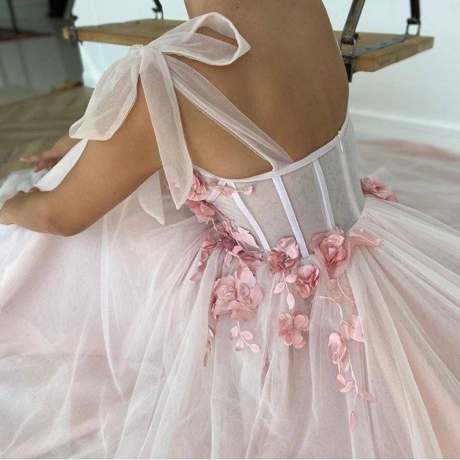 New Arrival Pink A-Line Flowers Prom Dress Elegant Puffy Straps Evening Dress Plus Size Pleated Long Party Dress - RongMoon