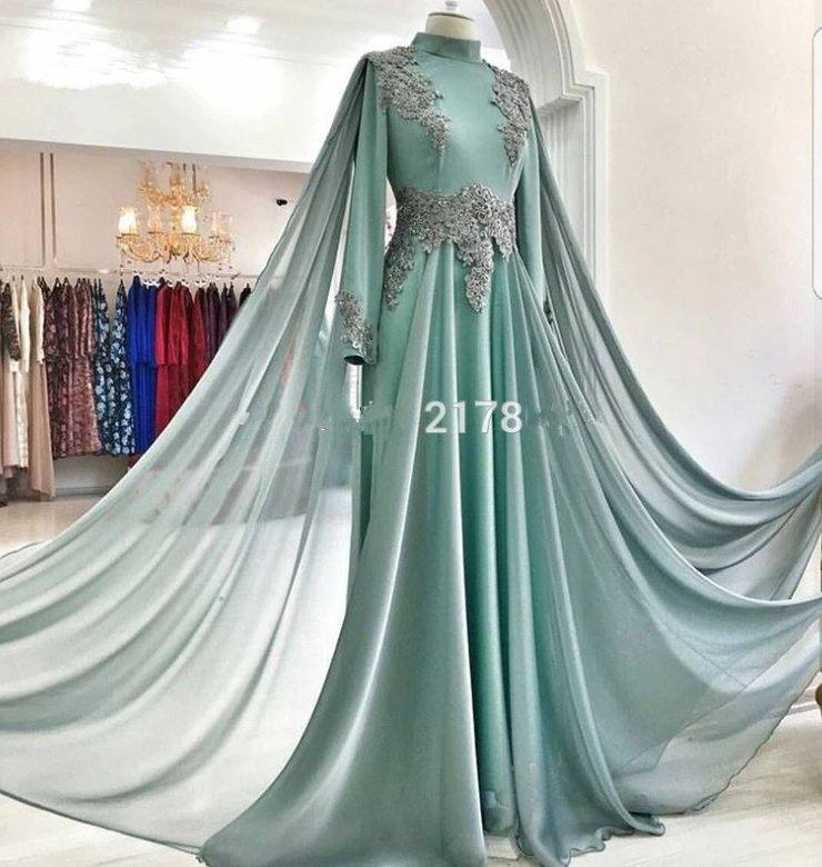 Elegant Muslim Evening Dresses A-line Long Sleeves Chiffon Lace Beaded Islamic Dubai Saudi Arabic Long Formal Evening Gown - RongMoon