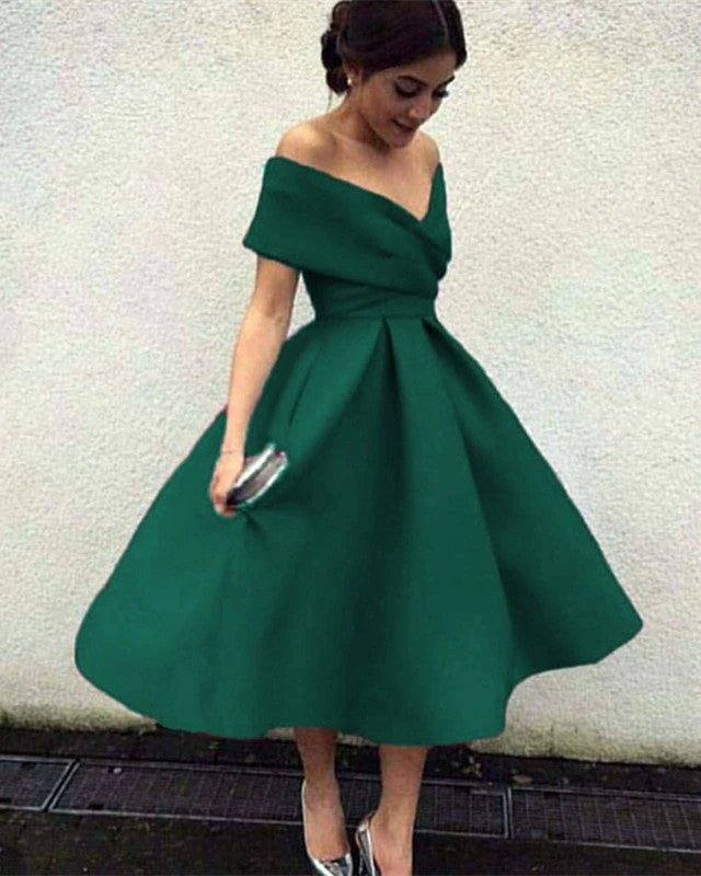 Vintage 1950s Style V-neck Off The Shoulder Tea Length Ball Gowns Party Dresses - RongMoon