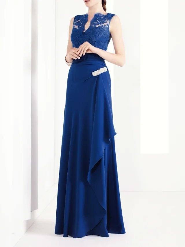 A-Line Mother of the Bride Dress Elegant V Neck Floor Length Chiffon Lace Sleeveless with Beading Ruching - RongMoon