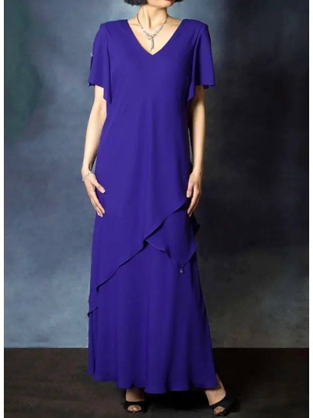 Sheath / Column Mother of the Bride Dress Elegant V Neck Floor Length Chiffon Short Sleeve with Ruffles - RongMoon