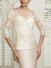 Sheath / Column Mother of the Bride Dress Elegant Sexy Illusion Neck Knee Length Satin Tulle 3/4 Length Sleeve with Appliques - RongMoon