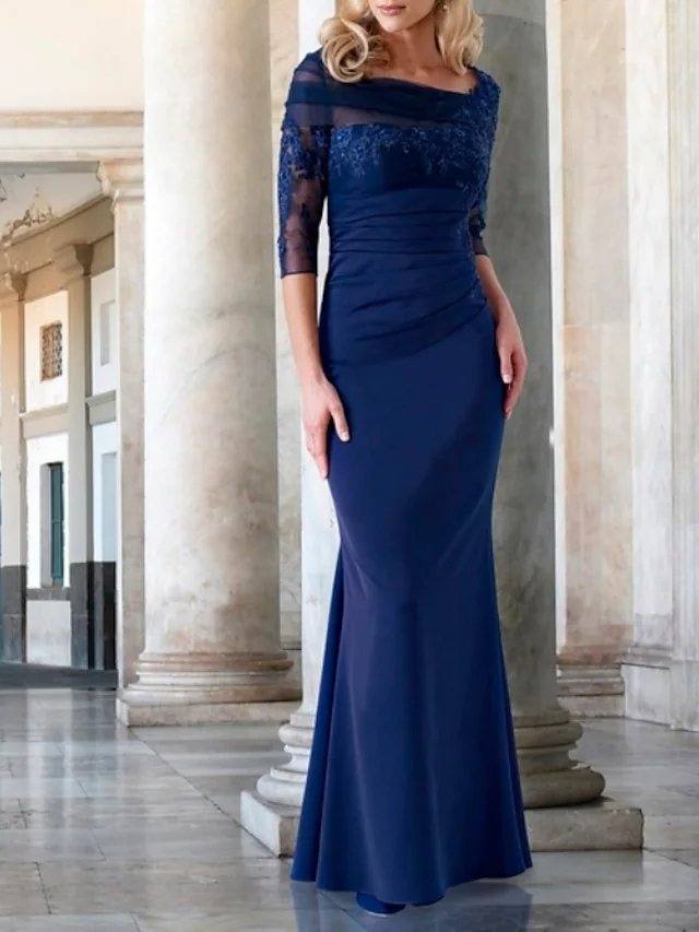 Sheath / Column Mother of the Bride Dress Elegant Bateau Neck Floor Length Lace Satin 3/4 Length Sleeve with Lace Appliques - RongMoon