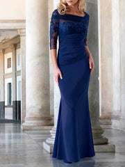 Sheath / Column Mother of the Bride Dress Elegant Bateau Neck Floor Length Lace Satin 3/4 Length Sleeve with Lace Appliques - RongMoon