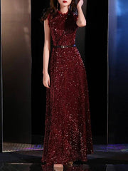 A-Line Sparkle Elegant Prom Formal Evening Dress Jewel Neck Sleeveless Floor Length Sequined with Sash / Ribbon Sequin - RongMoon