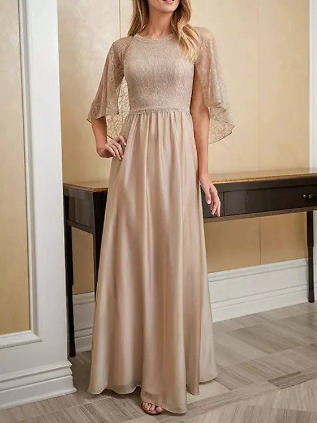 A-Line Mother of the Bride Dress Elegant Jewel Neck Floor Length Chiffon Lace 3/4 Length Sleeve with Beading - RongMoon