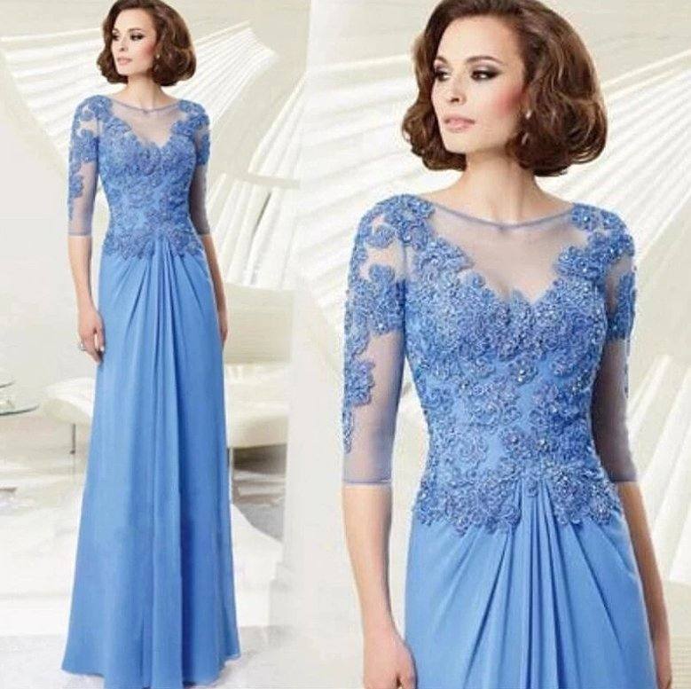 Sky Blue Mother Of The Bride Dresses A-line Half Sleeves Chiffon Appliques Beaded Long Groom Mother Dresses Wedding - RongMoon