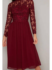 A-Line Mother of the Bride Dress Elegant High Neck Tea Length Chiffon Lace Long Sleeve with Lace Pleats - RongMoon