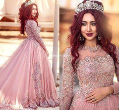 Pink Muslim Evening Dresses Ball Gown Long Sleeves Tulle Lace Beaded Islamic Dubai Saudi Arabic Long Formal Evening Gown - RongMoon