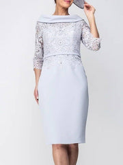 Sheath / Column Mother of the Bride Dress Elegant Jewel Neck Knee Length Satin 3/4 Length Sleeve with Sash / Ribbon Appliques Split Front - RongMoon