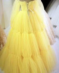 Yellow Princess Prom Dresses Strapless Ball Gown With Sleeves - RongMoon