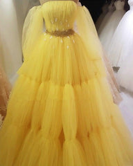 Yellow Princess Prom Dresses Strapless Ball Gown With Sleeves - RongMoon