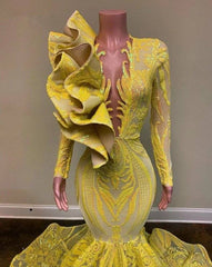 Yellow Robe De Soiree Mermaid Long Sleeves Appliques Sequins Long Prom Dresses Prom Gown Evening Dresses - RongMoon