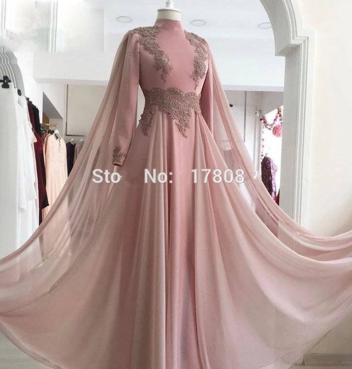 Pink Muslim Evening Dresses A-line Long Sleeves Chiffon Lace Beaded Islamic Dubai Saudi Arabic Long Formal Evening Gown - RongMoon