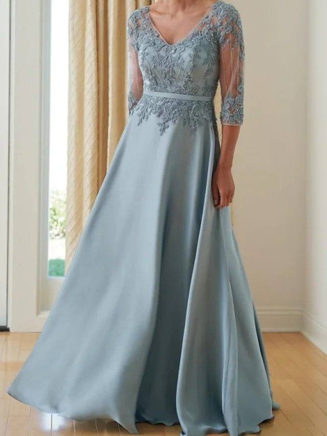 A-Line Mother of the Bride Dress Elegant V Neck Floor Length Chiffon Lace Half Sleeve with Pleats Appliques - RongMoon