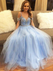 A-Line/Princess Off-the-Shoulder Floor-Length Tulle Sleeveless Beading Dresses - RongMoon