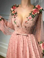 A-line Prom Dresses V neck Pink Long Prom Dress Evening Dresses With 3D Flower Long Sleeves Evening Gowns - RongMoon