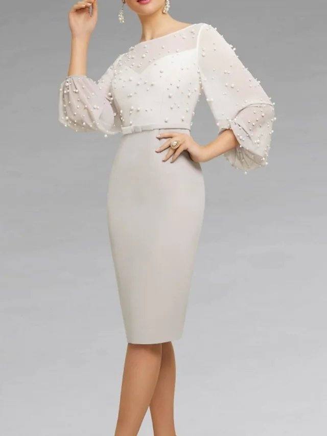 Sheath / Column Mother of the Bride Dress Elegant Jewel Neck Knee Length Chiffon 3/4 Length Sleeve with Sash / Ribbon Beading - RongMoon