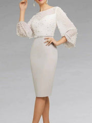 Sheath / Column Mother of the Bride Dress Elegant Jewel Neck Knee Length Chiffon 3/4 Length Sleeve with Sash / Ribbon Beading - RongMoon