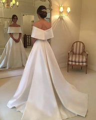 A-line Off The Shoulder Long Satin Wedding Dresses - RongMoon