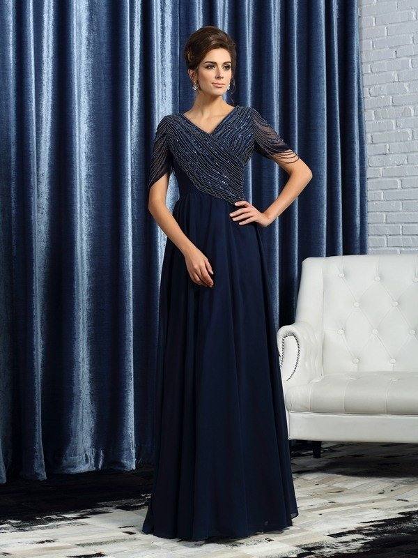 A-Line/Princess V-neck Short Sleeves Long Chiffon Mother of the Bride Dresses - RongMoon